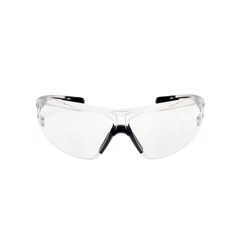 Clear lens wraparound safety glasses with brow guard, front view