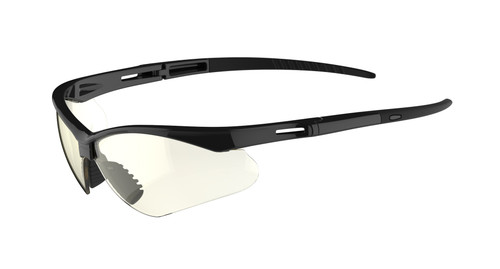 Gray lens wraparound safety glasses with black bayonet temples, angled front view