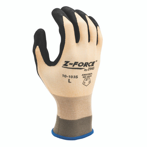 Beige knit work glove with black foam grip palm coating, back view
