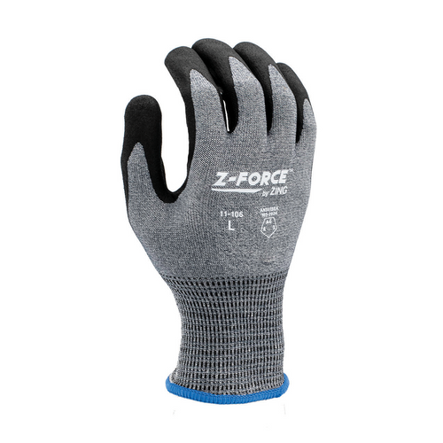 Gray cut-resistant knit work glove with black palm coating, back view
