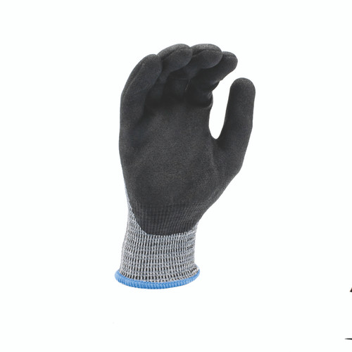 Gray knit work glove with black nitrile-coated palm, palm view