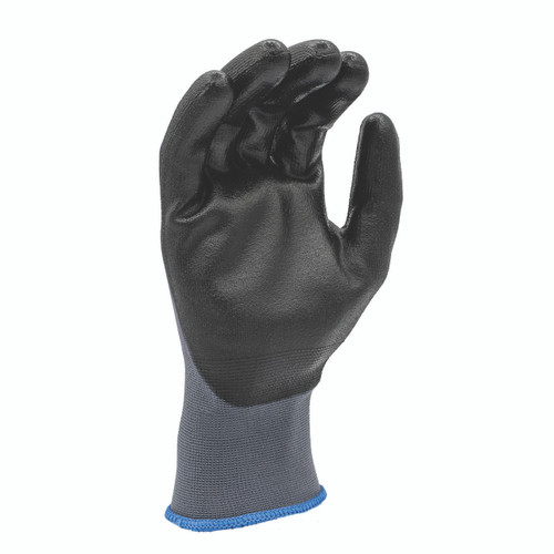 Black coated work glove with gray knit cuff, palm view