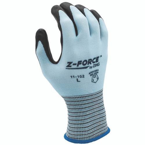 11-102 Z-Force Cut Glove, 18 Gauge ANSI A2 Light Blue Biobased fiber/HPPE shell, Bio-based PPU Palm coating, Touchscreen