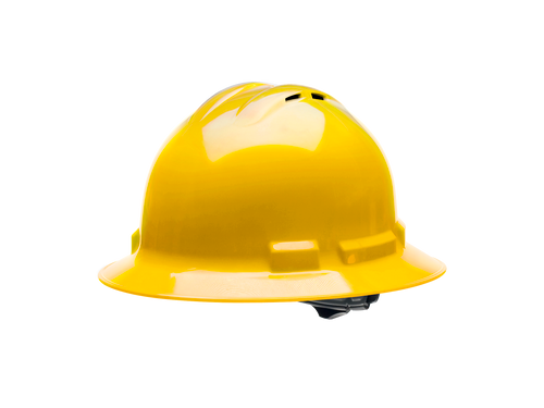 High-visibility yellow vented construction hard hat with front brim and interior suspension system