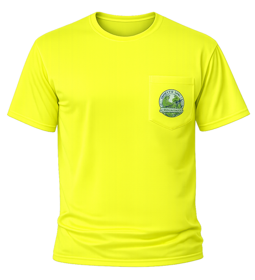 Front view of high-visibility safety-yellow polyester T-shirt with left chest pocket and Earth Day graphic printed on the pocket.