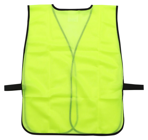 Back view of orange non-ANSI mesh safety vest with black trim and elastic side strap