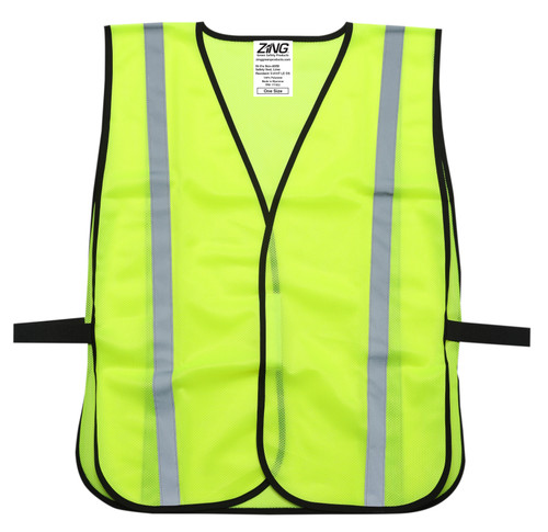 Front view of a lime high visibility mesh safety vest with two vertical reflective stripes, black trim, a hook and loop front closure, and elastic side straps.