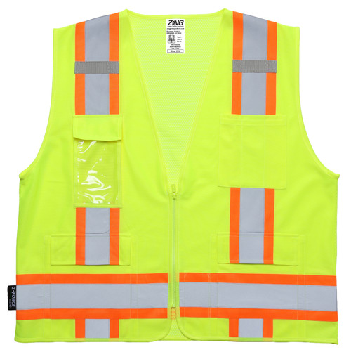 Z-Force lime high-visibility surveyor vest front view with zipper closure, badge holder, mic tabs, and multiple pockets