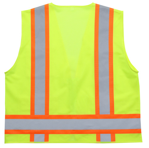 Z-Force lime high-visibility surveyor vest back view with two-tone reflective striping and mesh back