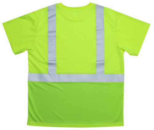 High visibility lime safety shirt back view with 2 inch reflective striping