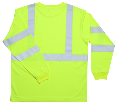 ANSI long sleeve high visibility shirt back view in lime with silver reflective striping