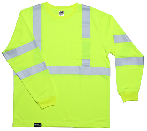 ANSI long sleeve high visibility shirt front view in lime with chest pocket and silver reflective striping