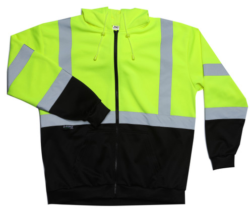Front view of lime high-visibility full-zip hoodie with silver reflective striping, black lower panel, and front hand warmer pockets