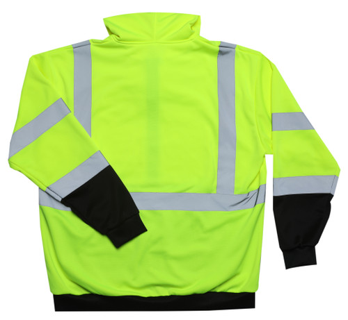 Back view of lime high-visibility full-zip hoodie with silver reflective striping and black cuffs and waistband