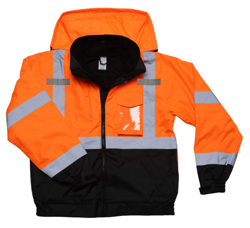 High-visibility safety orange jacket with reflective tape, concealed hood, mic tabs, badge holder, and black lower panel