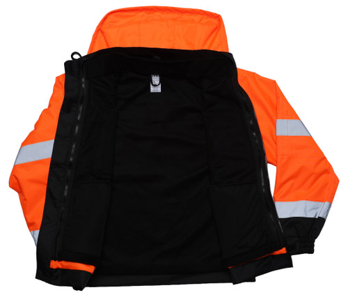 Safety orange high-visibility jacket opened to show removable black fleece liner inside