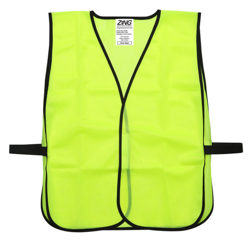 Front view of lime green non-ANSI mesh safety vest with black trim, hook and loop front closure, and elastic side straps