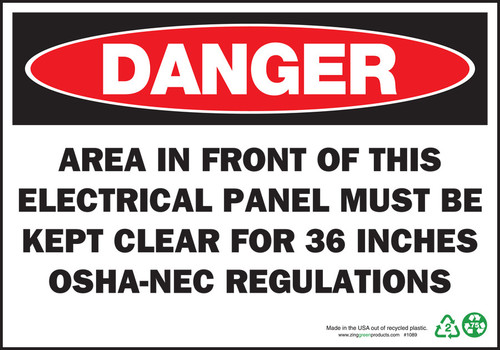 Danger Area In Front Of This Electrical Panel Must Be Kept Clear For 36 Inches OSHA-NEC Regulations Sign