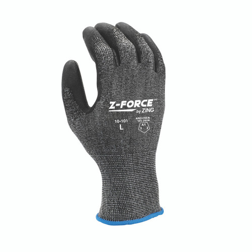 Gray speckled knit work glove with black palm coating, back view