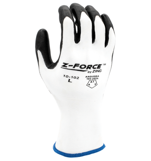 White knit work glove with black coated palm and fingers, back view