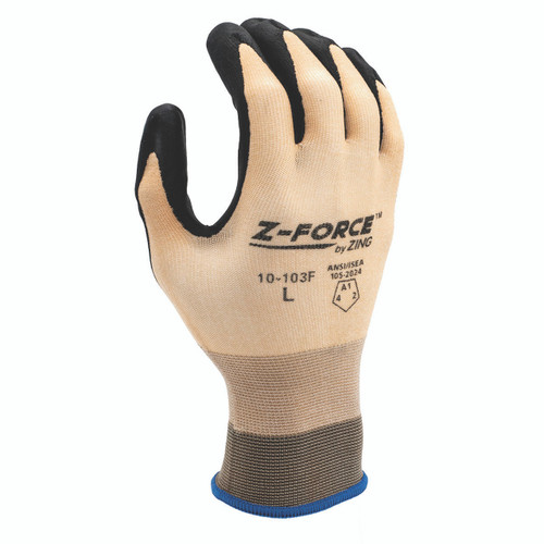 Tan cut-resistant knit work glove with black palm coating, back view