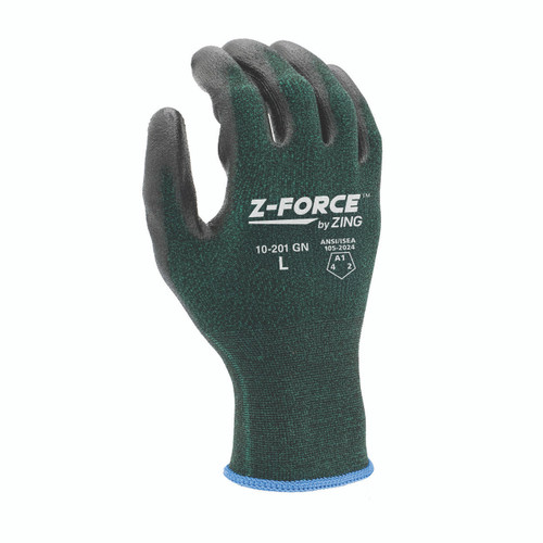Green knit work glove with black coated palm and fingers, back view