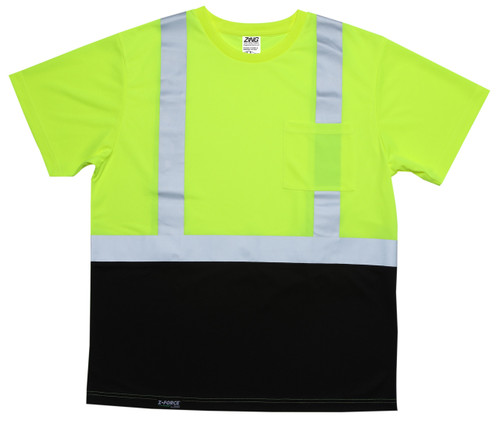 High visibility lime safety shirt front view with chest pocket reflective striping and black lower panel