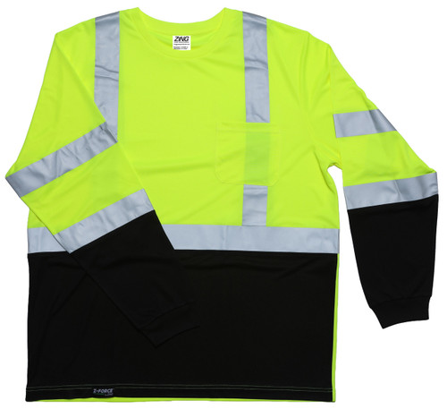 Front view of lime long sleeve high-visibility safety shirt with chest pocket, black lower panel, and silver reflective striping