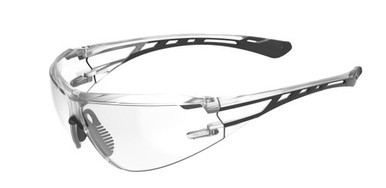 Clear lens wraparound safety glasses with black temple tips, angled front view