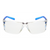 Clear safety glasses with blue temples, front view