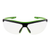 Safety glasses with clear lens and black frame with lime green accents, front view