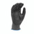 Gray speckled work glove with black polyurethane-coated palm, palm view