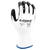 White knit work glove with black coated palm and fingers, back view