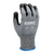 Gray knit work glove with black nitrile-coated palm, front view