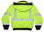 Back view of high-visibility lime insulated bomber jacket with silver reflective tape, concealed hood, and black elastic waistband