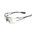 Clear lens wraparound safety glasses with black temple tips, angled front view