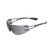 Gray lens wraparound safety glasses with black temple tips, angled front view