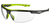 Safety glasses with clear lens and black frame with lime green accents, angled view