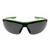 Wraparound tinted safety glasses with black and lime green frame, front view