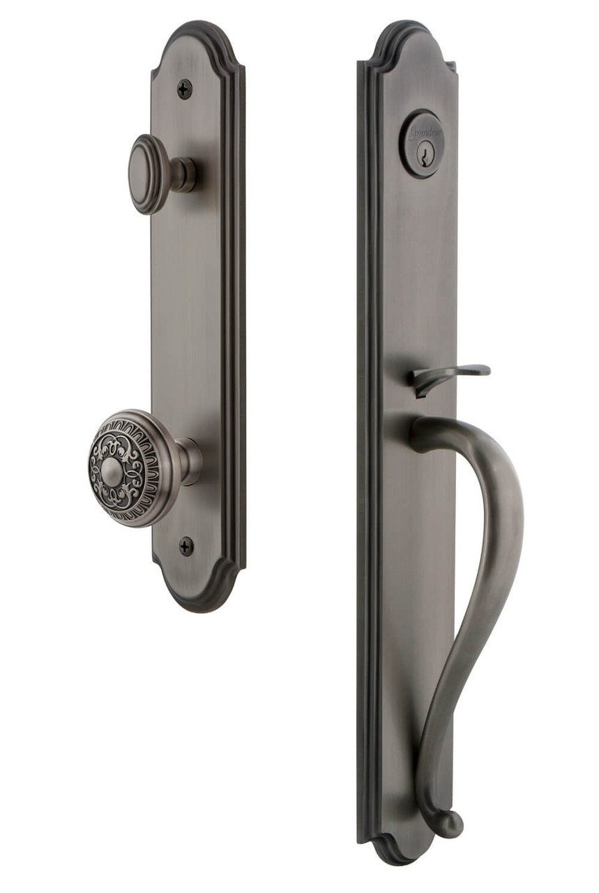 Grandeur Arc Tall Entry Door Handleset | Windsor Knob | Antique Pewter