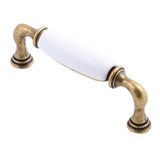 Castella Manor White Porcelain Cabinet Pull Handle - 96mm - Antique Brass