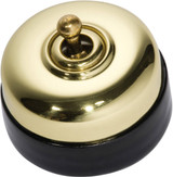 Tradco Black Porcelain Base Toggle Light Switch - 60mm - Polished Brass