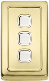 Tradco 3 Gang White Rocker Light Switch - 115 x 72mm - Polished Brass