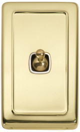 Tradco 1 Gang Toggle Light Switch - White Base - 115 x 72mm - Polished Brass