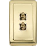 Tradco 2 Gang Toggle Light Switch - White Base - 115 x 72mm - Polished Brass