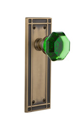 Nostalgic Green Glass Waldorf Crystal Door Knob - Mission Plate - 184 x 64mm - Antique Brass