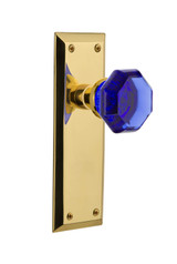 Nostalgic Blue Waldorf Crystal Door Knob - New York Plate - 178 x 57mm - Polished Brass