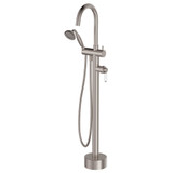Fienza Modern Vintage Eleanor Floor Mounted Bath Tap with Hand Shower - White Ceramic Handle - Brushed Nickel