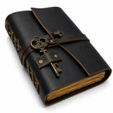 Small Leatherbound Diary with Decorative Key - Vintage Paper - 183 x 135mm - Black