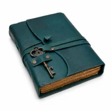 Small Leatherbound Diary with Decorative Key - Vintage Paper - 183 x 135mm - Teal
